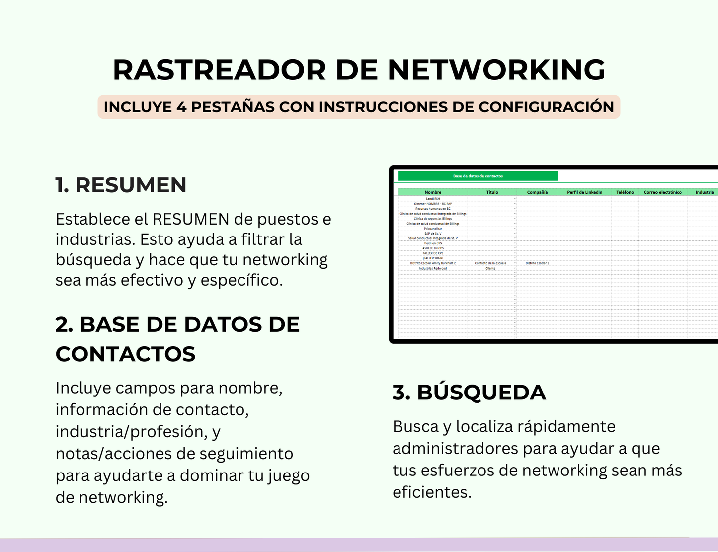 seguimiento de networking, hoja de cálculo de networking, tracker de contactos, gestión de contactos, red de contactos, gestión de networking, base de datos de contactos, panel de networking, seguimiento de relaciones profesionales, plantilla networking