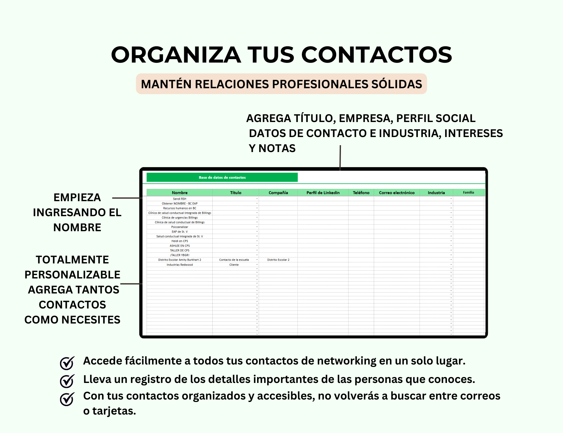 seguimiento de networking, hoja de cálculo de networking, tracker de contactos, gestión de contactos, red de contactos, gestión de networking, base de datos de contactos, panel de networking, seguimiento de relaciones profesionales, plantilla networking