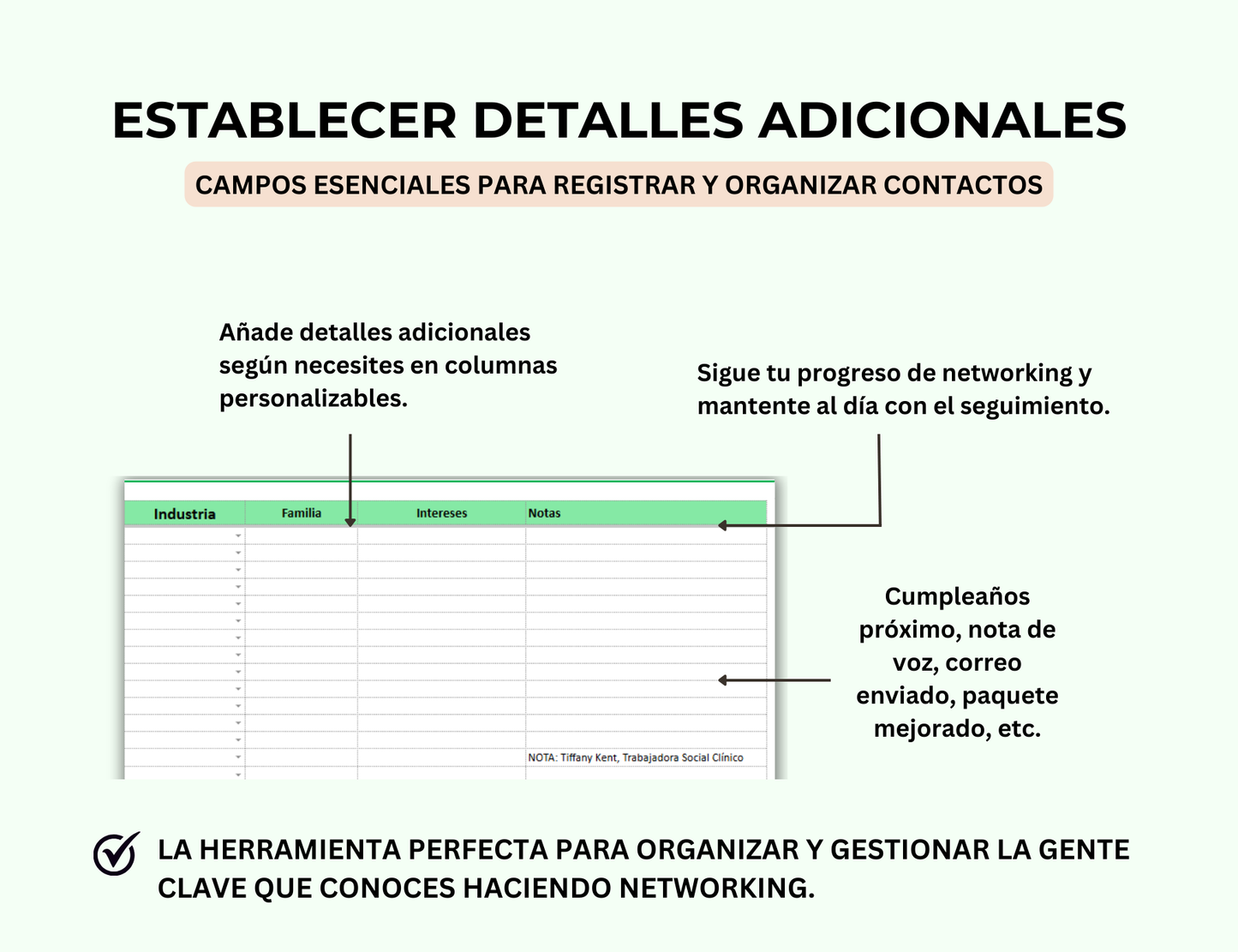 seguimiento de networking, hoja de cálculo de networking, tracker de contactos, gestión de contactos, red de contactos, gestión de networking, base de datos de contactos, panel de networking, seguimiento de relaciones profesionales, plantilla networking