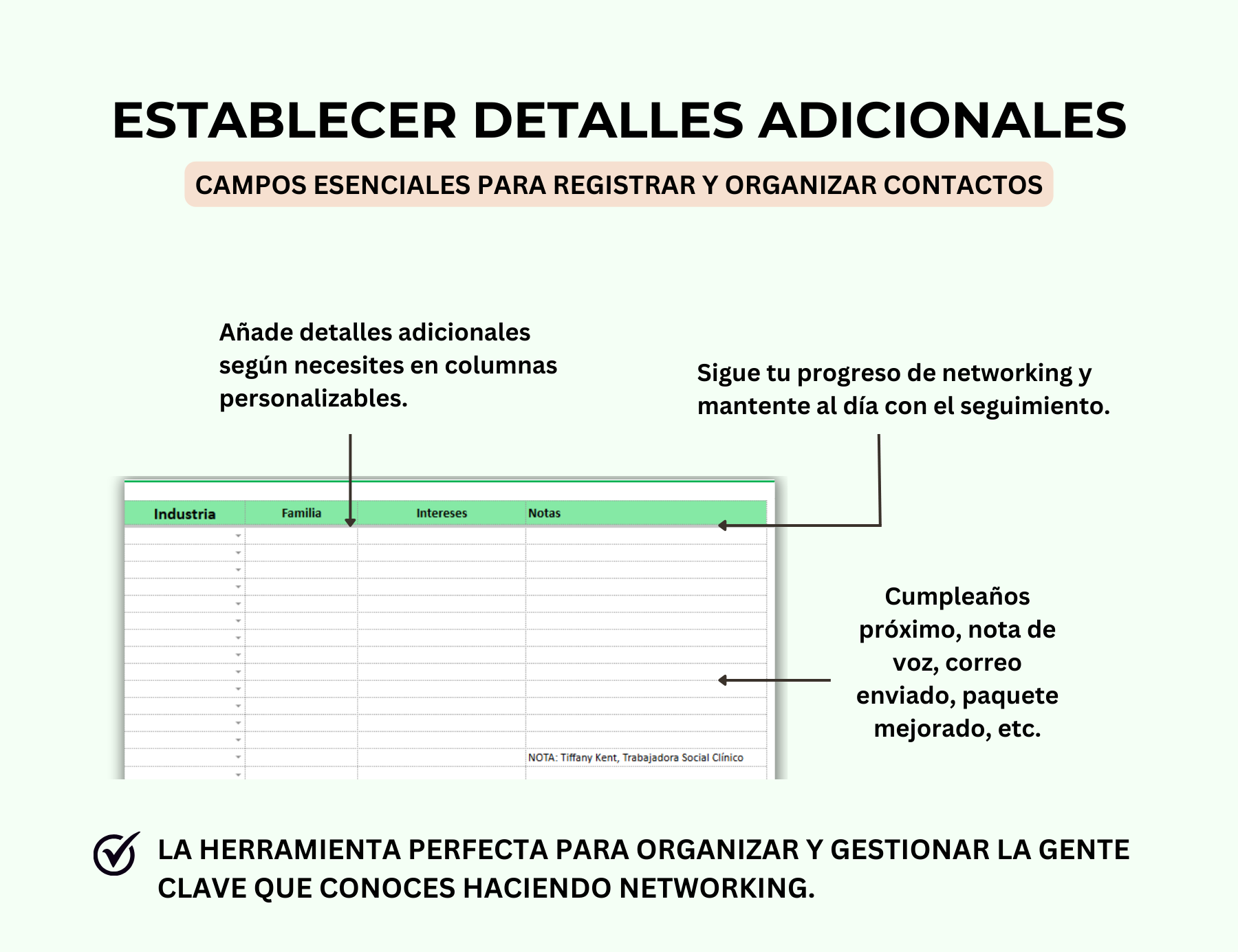 seguimiento de networking, hoja de cálculo de networking, tracker de contactos, gestión de contactos, red de contactos, gestión de networking, base de datos de contactos, panel de networking, seguimiento de relaciones profesionales, plantilla networking