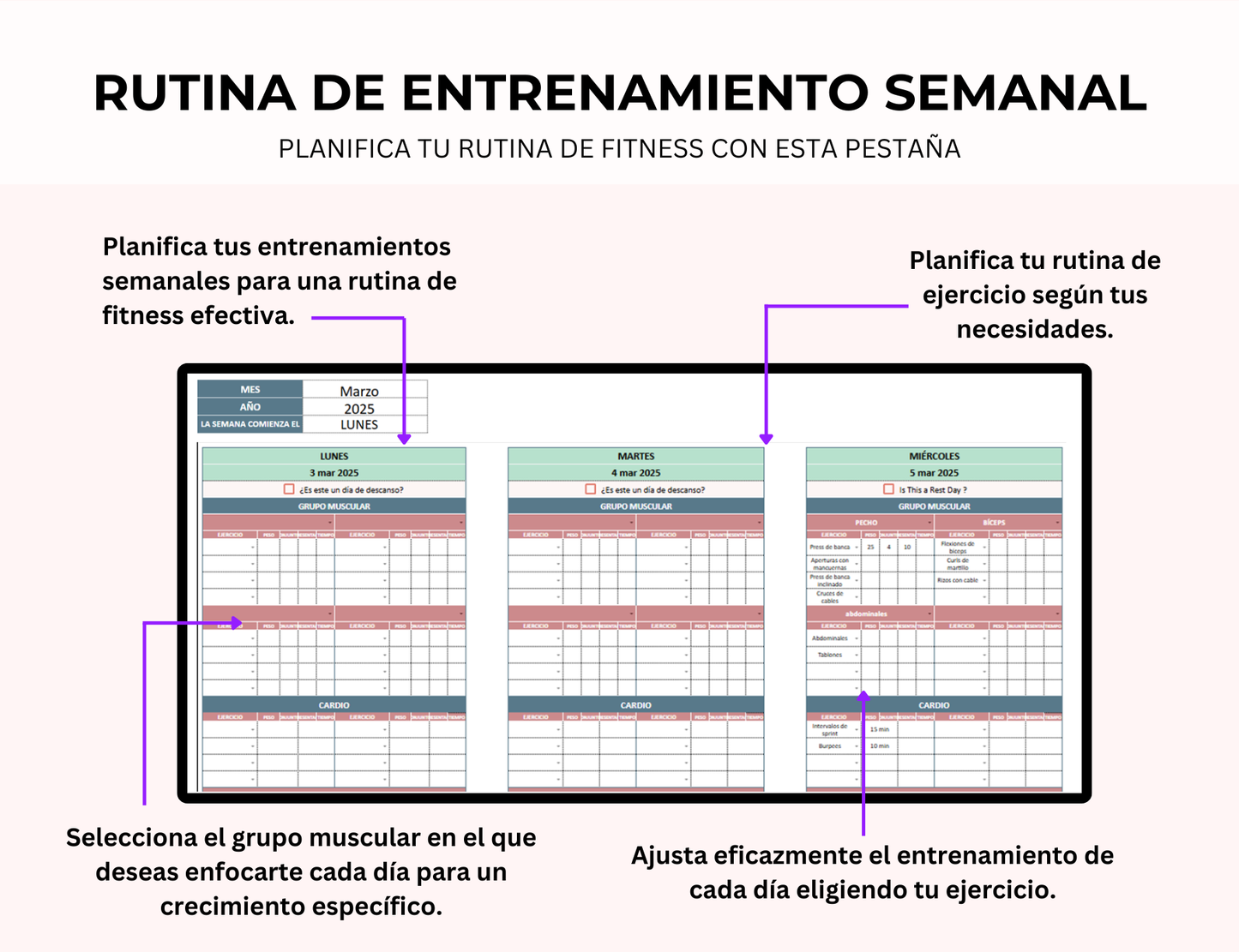 seguimiento de hábitos, planificador de ejercicios, registro de entrenamientos, planificador de entrenamiento, seguimiento de salud, planificador de dieta, seguimiento de entrenamiento, planificador de bienestar, control de entrenamientos, plantilla de rutina de ejercicios