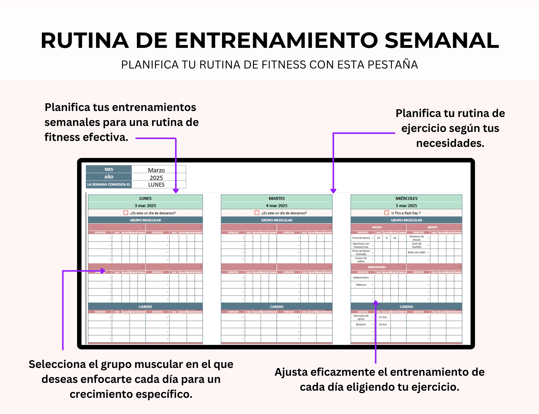 seguimiento de hábitos, planificador de ejercicios, registro de entrenamientos, planificador de entrenamiento, seguimiento de salud, planificador de dieta, seguimiento de entrenamiento, planificador de bienestar, control de entrenamientos, plantilla de rutina de ejercicios