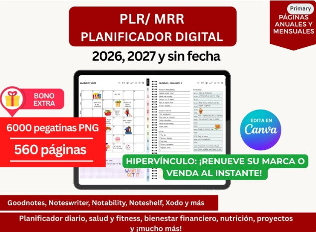 PLR Espanol Calendario 2026 español, Spanish 2026 Digital Planner