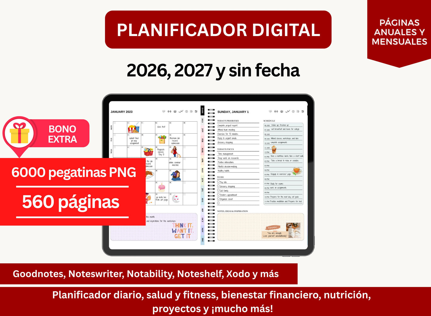 Planilficador Digital 2026, 2027 Espanol Calendario