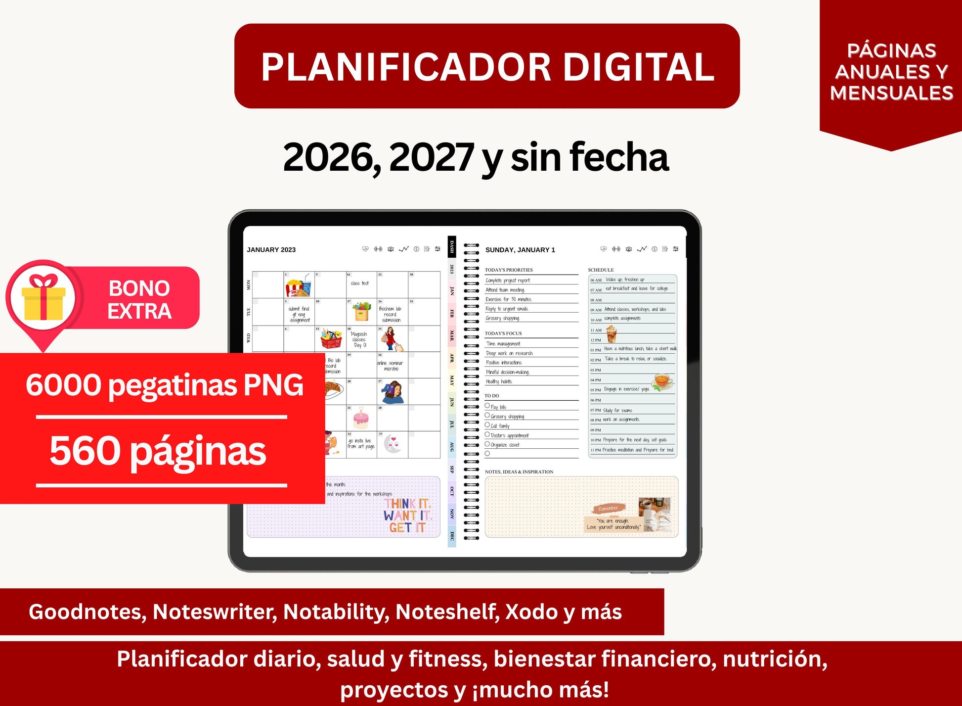 Planilficador Digital 2026, 2027 Espanol Calendario